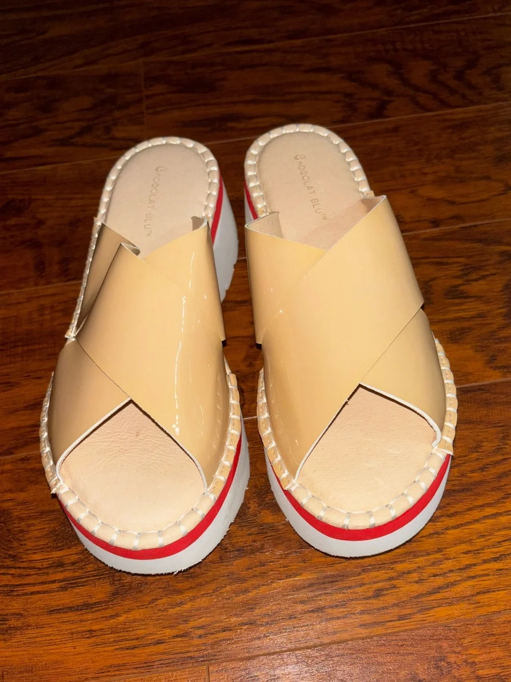 Chocolat Blu Lug Sole Platform Sandal Tan Beige + Red Stripe 3-inch Heel Wedges